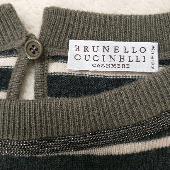 Brunello Cucinelli Sweater Womens S Green Gray Striped Cashmere Beaded Italy - Picture 8 of 11